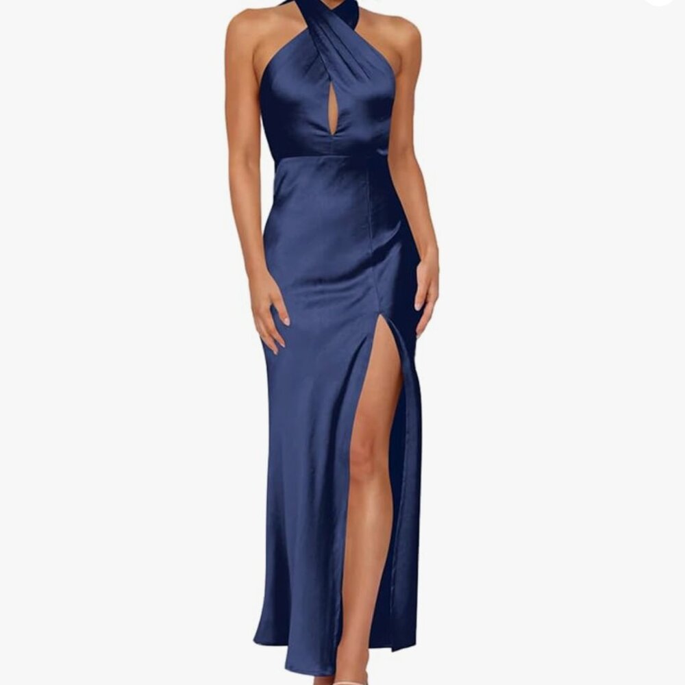 Elegant Navy Satin Dress with Tie Detail